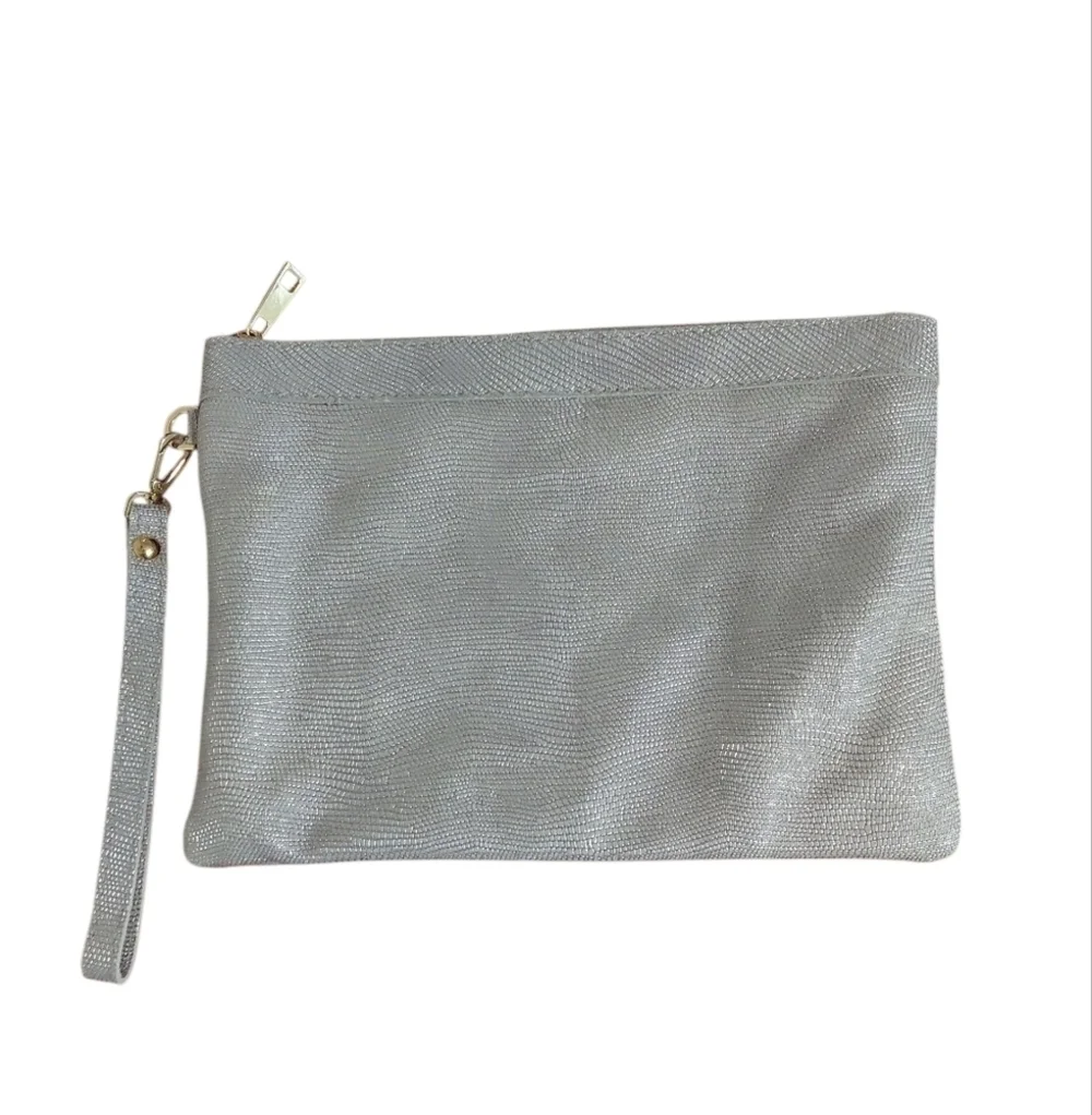 Metallic Laura Di Maggio Silver Snakeskin Iridescent Leather Clutch
